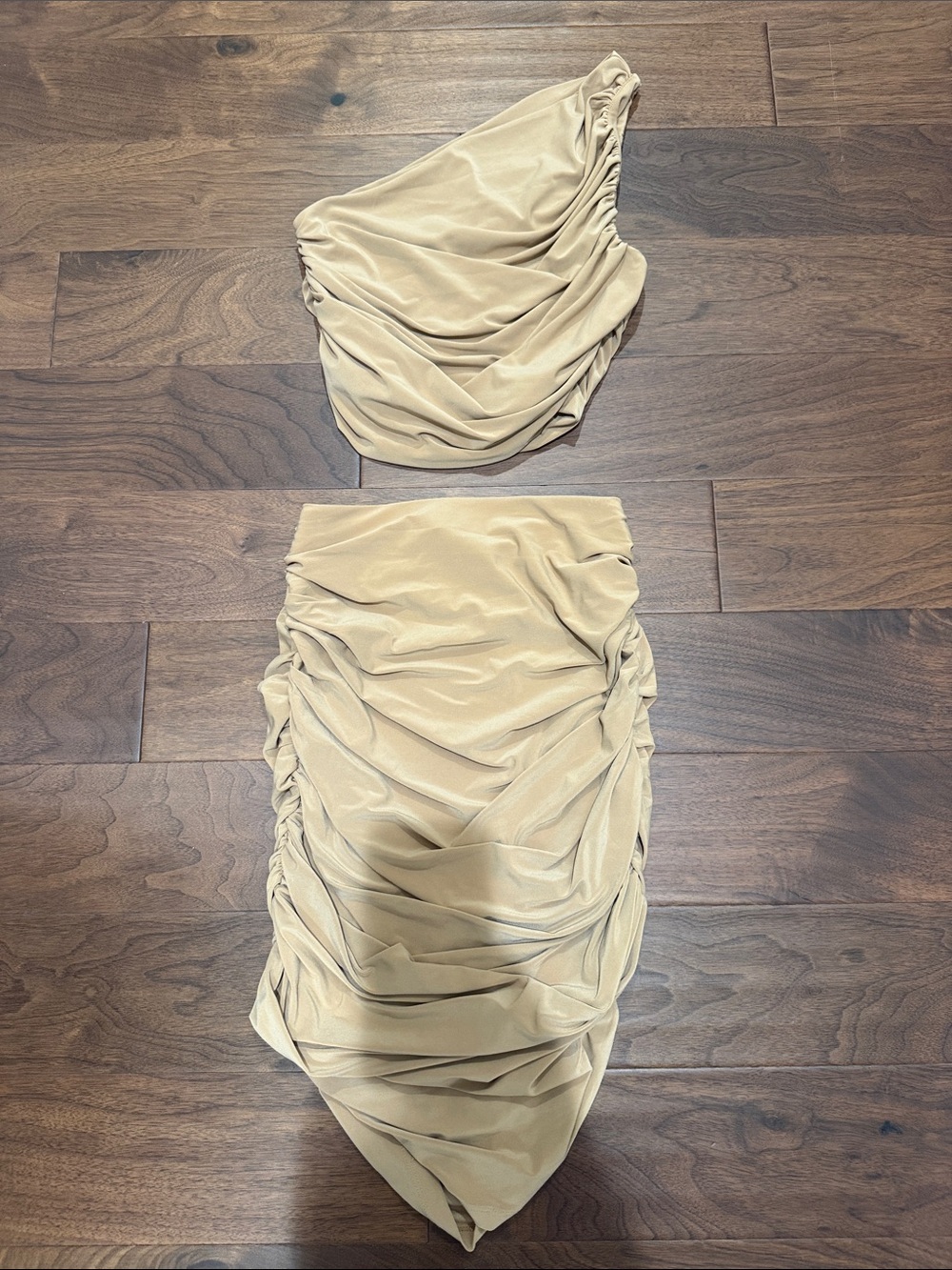 Express Beige Ruched 2 Piece - Draped one shoulder top and skirt